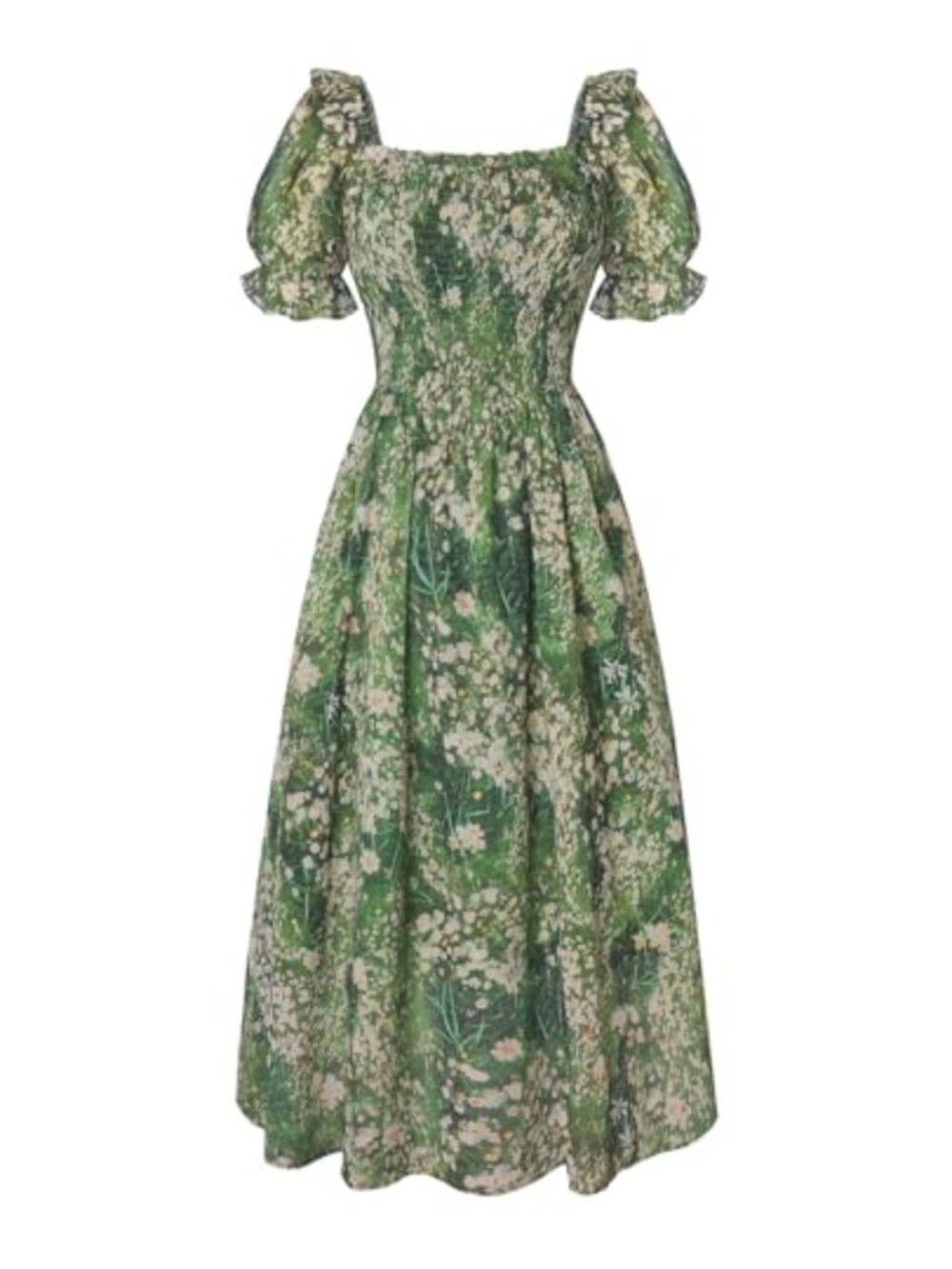 Women's Floral Midi Dress Puff Sleeve Smocked Bodice Chiffon A-Line